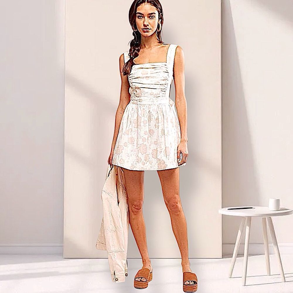 FREE PEOPLE Meet Me In Maui Pink/Ivory Dress fit& flare bow backless Large NWT